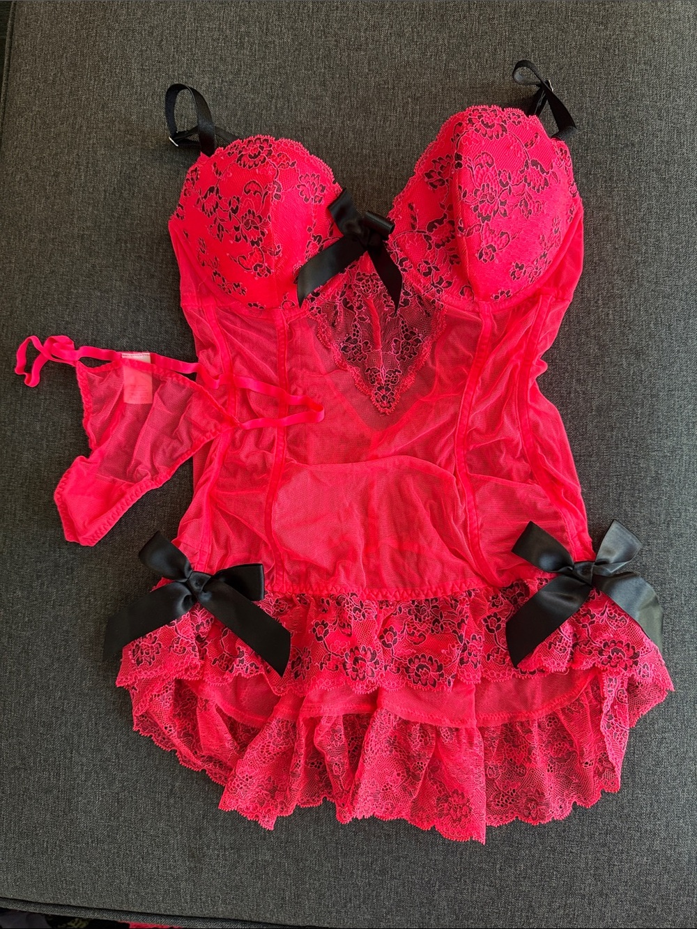 Red Lace Babydoll Chemise with Black Bow Accents